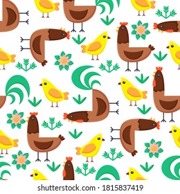 Seamless pattern chicken rooster chicks. Vector illustration