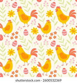 Seamless pattern with chicken and rooster, eggs, flowers and leaves on a light background. Vector Easter background.