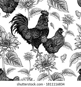 Seamless pattern. Chicken, rooster, hen, and sunflowers. Decorative background. Domestic bird. Farm animals series. Vector illustration of poultry. Black and white graphics. Vintage sketch.