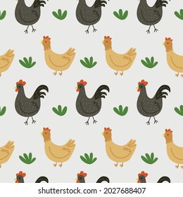 Seamless pattern with chicken and rooster on a gray background. Wallpaper, textiles, print. Vector flat illustration.