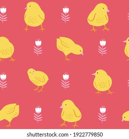 Seamless pattern with chicken and spring flowers for Easter. Vector design perfect for fabric, textile, wrapping paper, wallpaper and print.