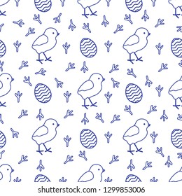 Seamless pattern with chicken, traces of chicken, decorated eggs. Happy Easter. Festive background. Design for banner, poster or print.