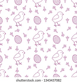 Seamless pattern with chicken, traces of chicken, decorated eggs. Happy Easter. Festive background. Design for banner, poster or print.