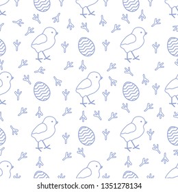 Seamless pattern with chicken, traces of chicken, decorated eggs. Happy Easter. Festive background. Design for banner, poster or print.