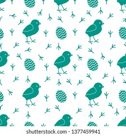 Seamless pattern with chicken, traces of chicken, decorated eggs. Happy Easter. Festive background. Design for banner, poster or print.