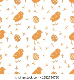 Seamless pattern with chicken, traces of chicken, decorated eggs. Happy Easter. Festive background. Design for banner, poster or print.