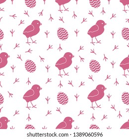 Seamless pattern with chicken, traces of chicken, decorated eggs. Happy Easter. Festive background. Design for banner, poster or print.