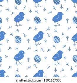 Seamless pattern with chicken, traces of chicken, decorated eggs. Happy Easter. Festive background. Design for banner, poster or print.