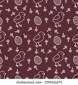 Seamless pattern with chicken, traces of chicken, decorated eggs. Happy Easter. Festive background. Design for banner, poster or print.