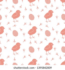 Seamless pattern with chicken, traces of chicken, decorated eggs. Happy Easter. Festive background. Design for banner, poster or print.