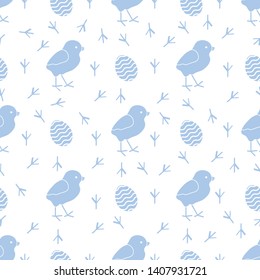 Seamless pattern with chicken, traces of chicken, decorated eggs. Happy Easter. Festive background. Design for banner, poster or print.