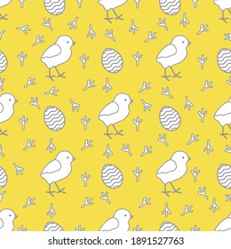 Seamless pattern with chicken, traces of chicken, decorated eggs. Happy Easter. Festive background. Design for banner, poster or print. Illuminating and Ultimate Gray.