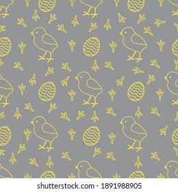 Seamless pattern with chicken, traces of chicken, decorated eggs. Happy Easter. Festive background. Design for banner, poster or print. Illuminating and Ultimate Gray.