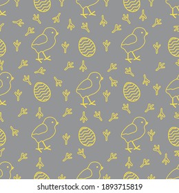 Seamless pattern with chicken, traces of chicken, decorated eggs. Happy Easter. Festive background. Design for banner, poster or print. Illuminating and Ultimate Gray.