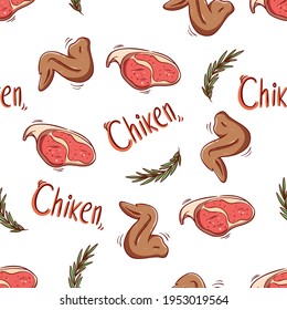 seamless pattern of chicken wings and raw meat