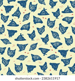 Nahtloses Muster. Hühner. Vögel. Handgezeichnetes Muster. Doodles. Textur. Textil. Schleifpapier. Silhouette. Vogelspuren