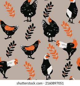 seamless pattern with chickens and branches,countryside. Vector design for paper, fabric and other surface