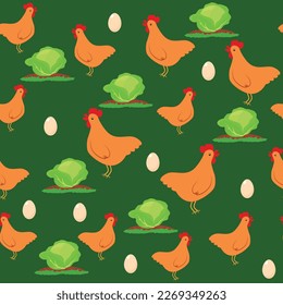 Seamless pattern of chickens, cabbage and eggs on a green background. Chicken farm and garden vegetables in cartoon childish style.