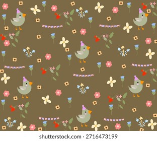 Patrón sin fisuras con los pollos. Pollo con polluelos. Una linda familia de aves domésticas o aves de corral. Ilustración vectorial plana de dibujos animados para niños.