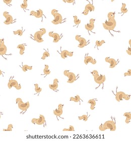 Seamless pattern with chickens, chicks. Poultry, farm. Cute baby print. Vector graphics.