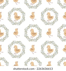 Seamless pattern with chickens, chicks. Poultry, farm. Cute baby print. Vector graphics.