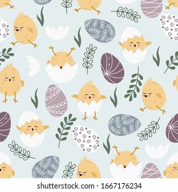 seamless pattern with chickens and colored eggs - vector illustration, eps