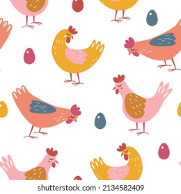 Seamless pattern with chickens and colorful eggs. Bright Easter pattern.