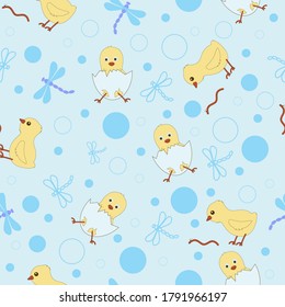 Seamless pattern with chickens and dragonflies on a blue background
