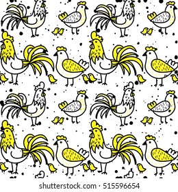 
Seamless pattern with chickens. Drawing by hand, a child's drawing. Family of mother, father and children. The chickens and rooster. Children's background.