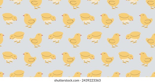 Seamless pattern with Chickens. Easter design for wrapping paper and backgrounds. Hand drawn illustration of Chick bird in kawaii style.