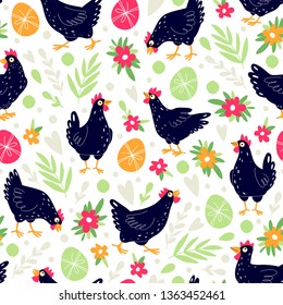 Seamless pattern with chickens and Easter eggs. Can be used on packaging paper, fabric and etc.