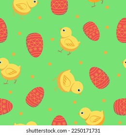   Seamless pattern. Chickens and eggs. Holiday Decor for Easter, vector illustration. Background , wallpaper, texture.
