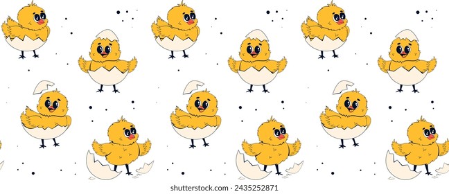 Seamless pattern with chickens in eggshells. Vector illustration of little chicks in retro linear style.