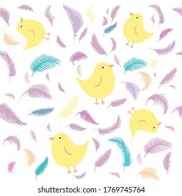 Seamless pattern with chickens in feathers