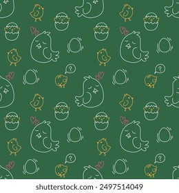 seamless pattern of chickens, flock of chickens, chicks and eggs on yellow background in outline style, like painting on green chalkboard