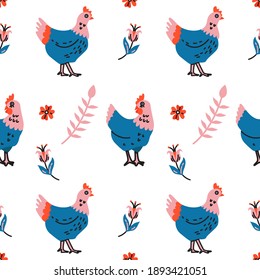 Seamless pattern with chickens and floral elements on a white background. Modern vector illustration. Perfect for printing on fabric or paper.