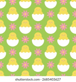 Seamless pattern with chickens and flowers on green background. Template for Easter decor, invitation, cards. Vector illustration