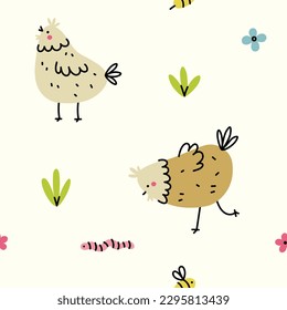 Seamless pattern with chickens, flowers and worms. Vector illustration.
