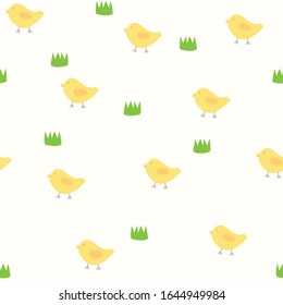 Seamless pattern of chickens and grass. Little birds illustration