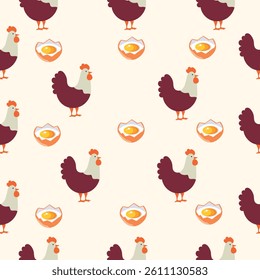 Seamless pattern with chickens on a whine background. Clean and minimalist poultry motif perfect for wrapping, textiles