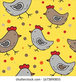 Patrón transparente con pollos de fondo amarillo. Diseño de tejidos de cocina, ilustración de estilo agrícola