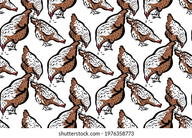 Seamless pattern. Chickens peck grain on a white background, dense ornament. Illustration in a realistic style. Vector.Fashionable stylized illustration in retro style.