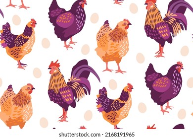 Seamless pattern with chickens, rooster and eggs. Can be used for graphic design, branding, textile design, packaging, wrapping paper. Vector illustration.