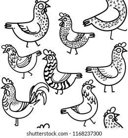 Seamless pattern with chickens. Chickens and rooster with patterns. Funny drawing by hand. seamless pattern. A funny background.