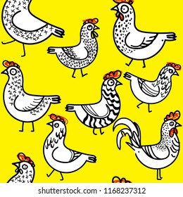 Seamless pattern with chickens. Chickens and rooster with patterns. Funny drawing by hand. seamless pattern. A funny background.