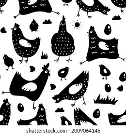 Seamless pattern with chickens, roosters, eggs in cartoon style, balck silhouette art. Background for design cover product packaging, advertising banner, card. Simple scandinavain vector illustration.