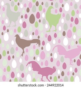 Seamless pattern with chickens roosters, eggs, green, lilac, vector