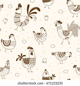 Seamless pattern with chickens, roosters, eggs in cartoon style, line art. Background for design cover product packaging, advertising banner, card.