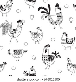 Seamless pattern with chickens, roosters, eggs in cartoon style, line art. Background for design cover product packaging, advertising banner, card.