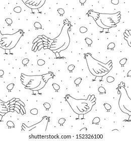 Seamless pattern with chickens, roosters and chickens. Vector illustration. 